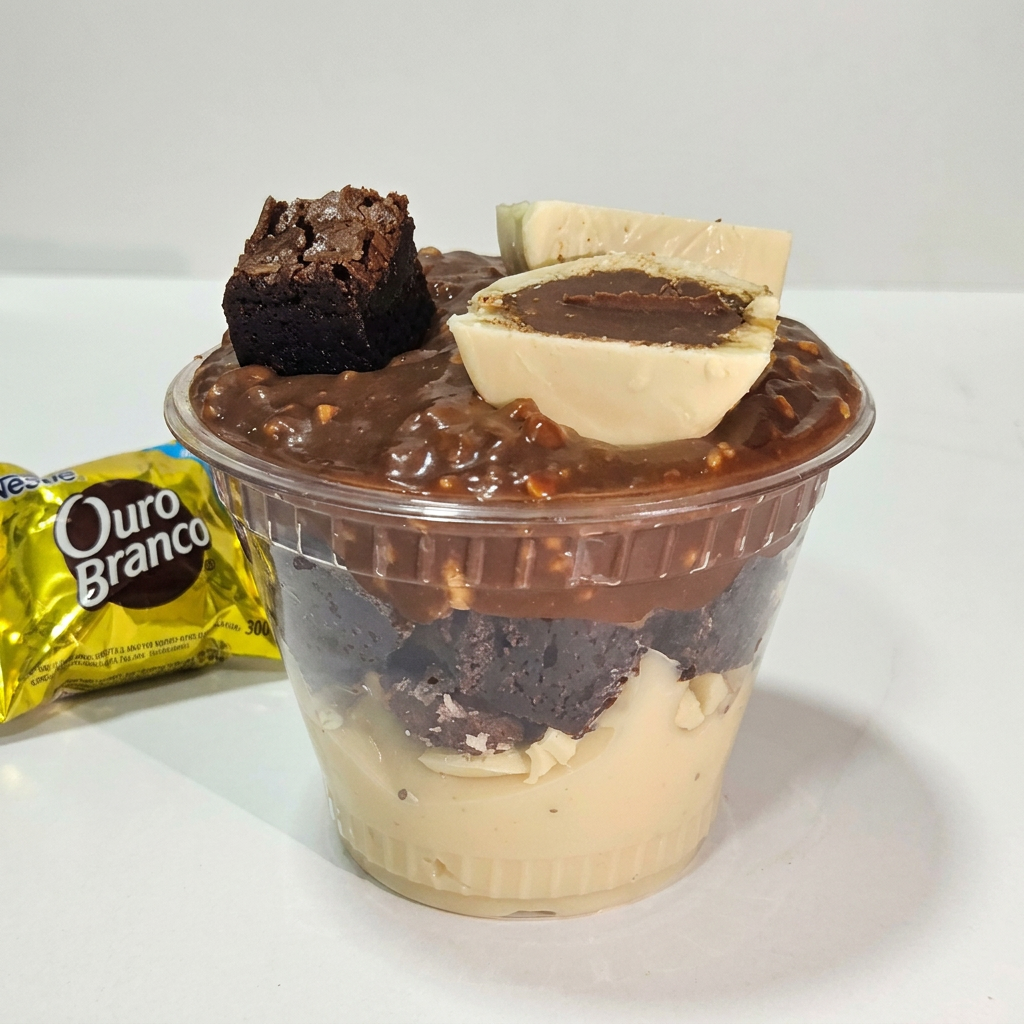 Brigadeiro branco, nosso delicioso brownie, brigadeiro 50% cacau com amendoim e bombom Ouro Branco