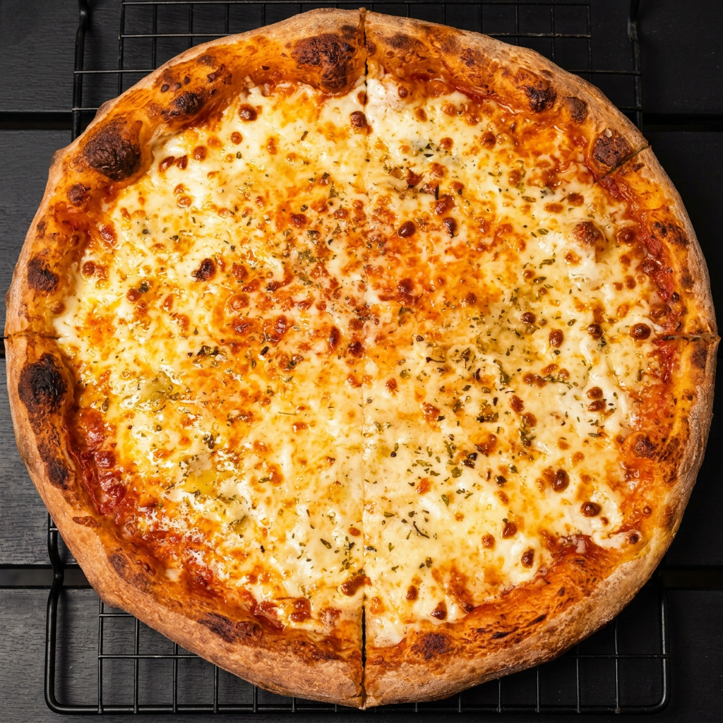Massa fina, molho de tomate, muçarela, gorgonzola, requeijão cremoso, provolone, orégano. (Pizza Média - 6 Fatias)