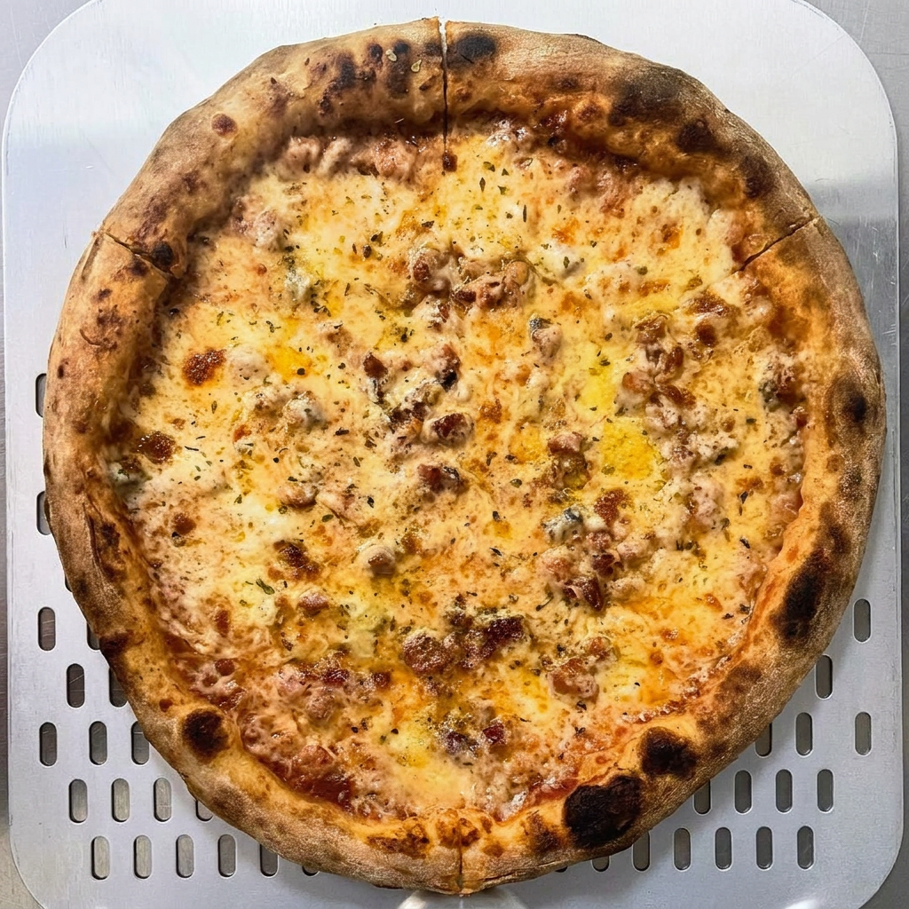 Massa fina, molho de tomate, muçarela, bacon, gorgonzola. (Pizza Média - 6 Fatias)