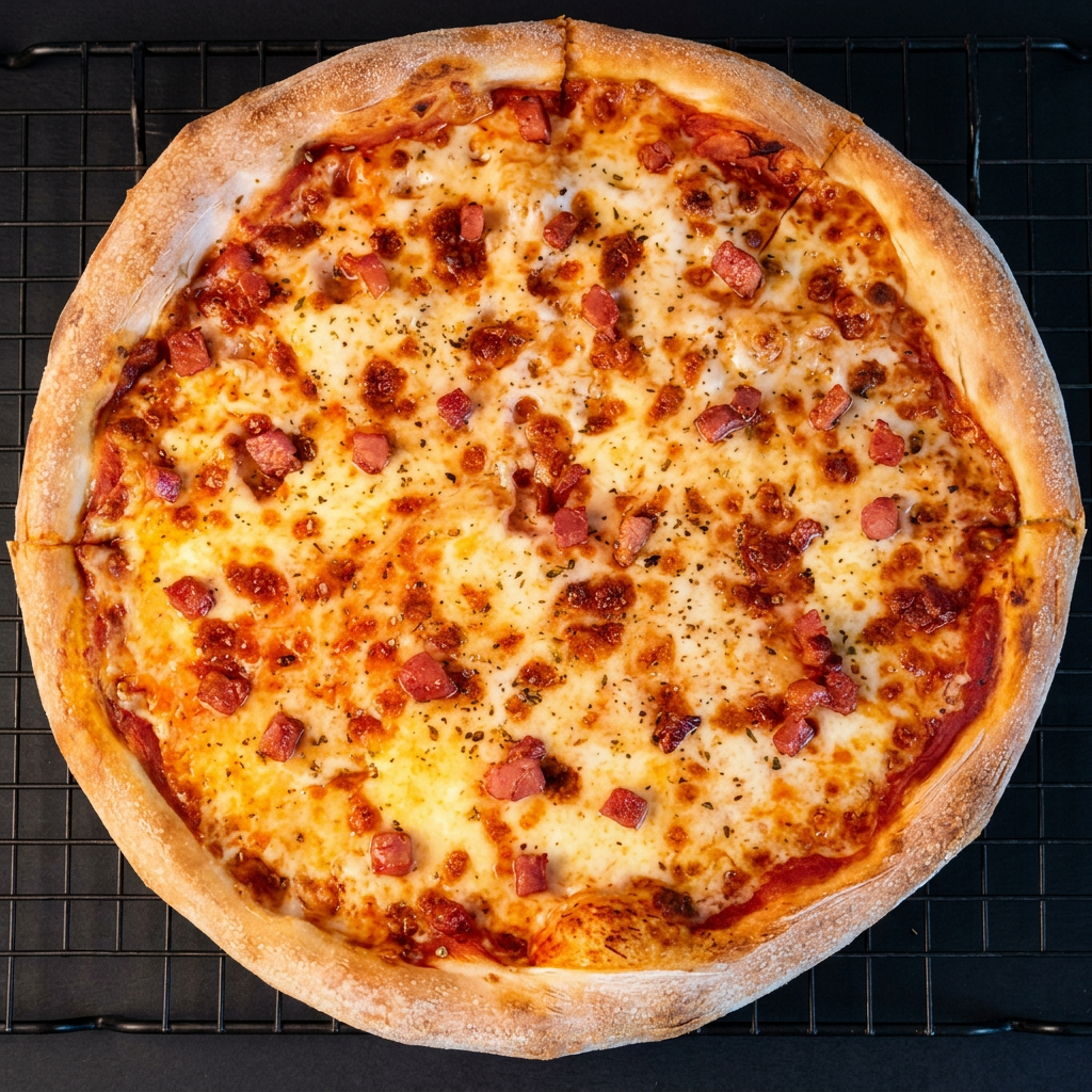 Massa fina, molho de tomate, muçarela, bacon, orégano. (Pizza Média - 6 Fatias)