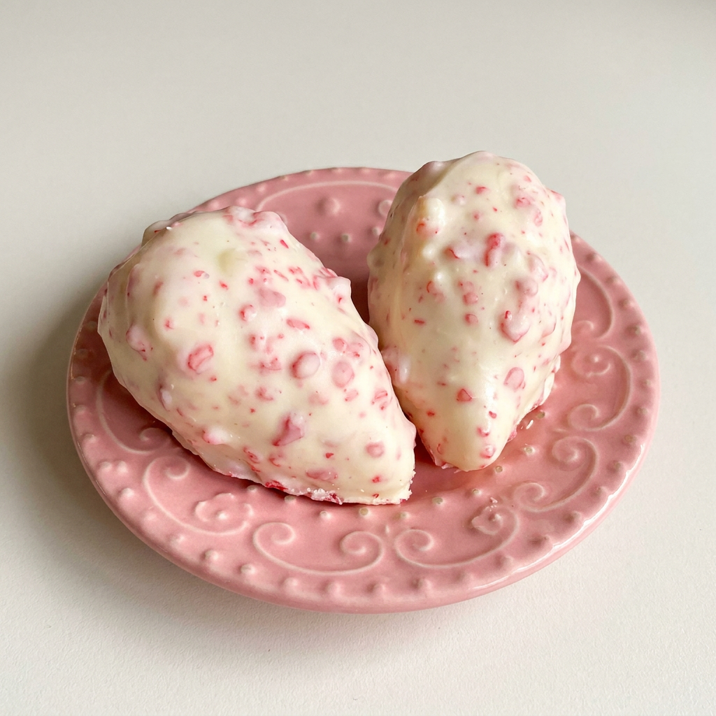 2 Morangos cobertos com brigadeiro branco, casquinha de chocolate branco e caramelo. Crocantes por fora e irresistíveis por dentro.