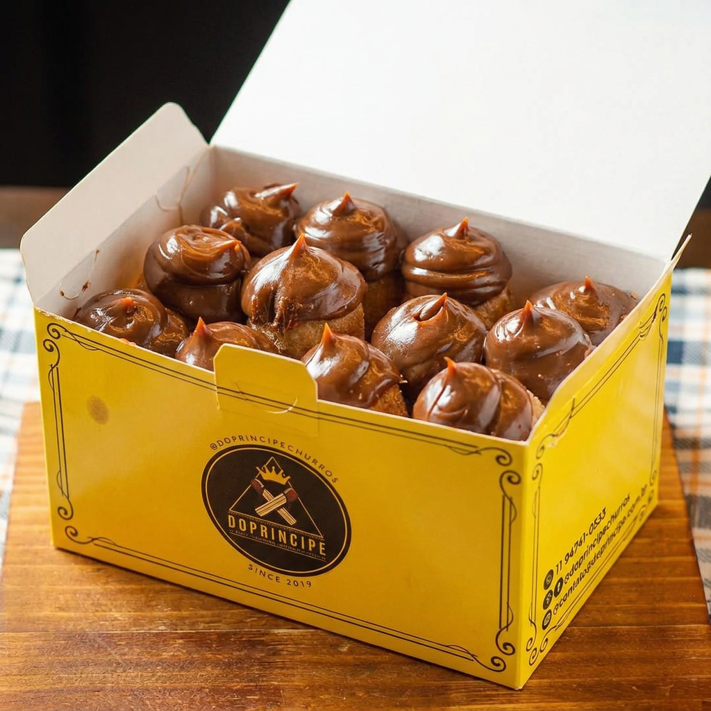 Apresentamos o nosso 'Churros Box Chocolate' da Linha Premium Gourmet. Este box exclusivo inclui 12 mini churros criteriosamente preparados na hora, envoltos em uma mistura perfeita de açúcar e canela, para um toque de doçura e calor. Cada churro é recheado com a quantidade ideal de chocolate, garantindo uma experiência gastronômica balanceada entre crocância e cremosidade. Este box equivale a três churros tradicionais, tornando-o perfeito para compartilhar ou desfrutar sozinho. Desperte seus sentidos com essa deliciosa e sofisticada opção de sobremesa.