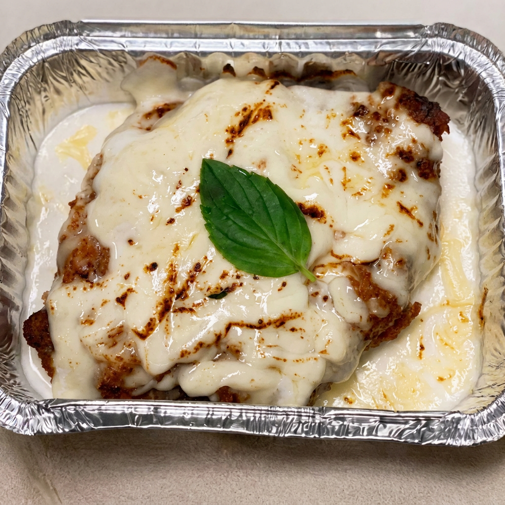 Parmegiana de alcatra tempero especial tagliatelle ao ponto perfeito, com molho branco finalizado com musarela e manjericão fresco. Serve 1 pessoa