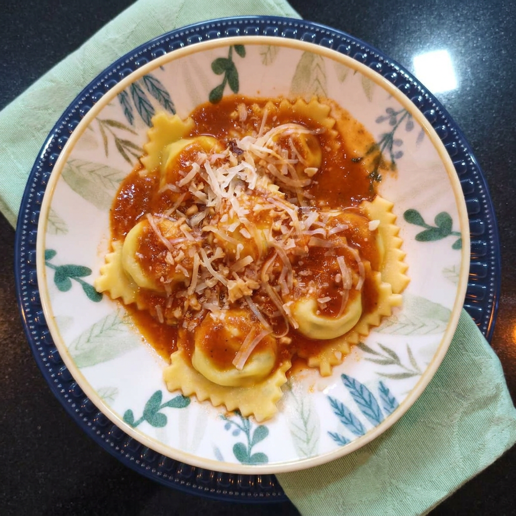 Ravioli artesanal recheado com 4 queijos ao molho ao sugo. Uma explosão de sabor porção para 1 pessoa.
