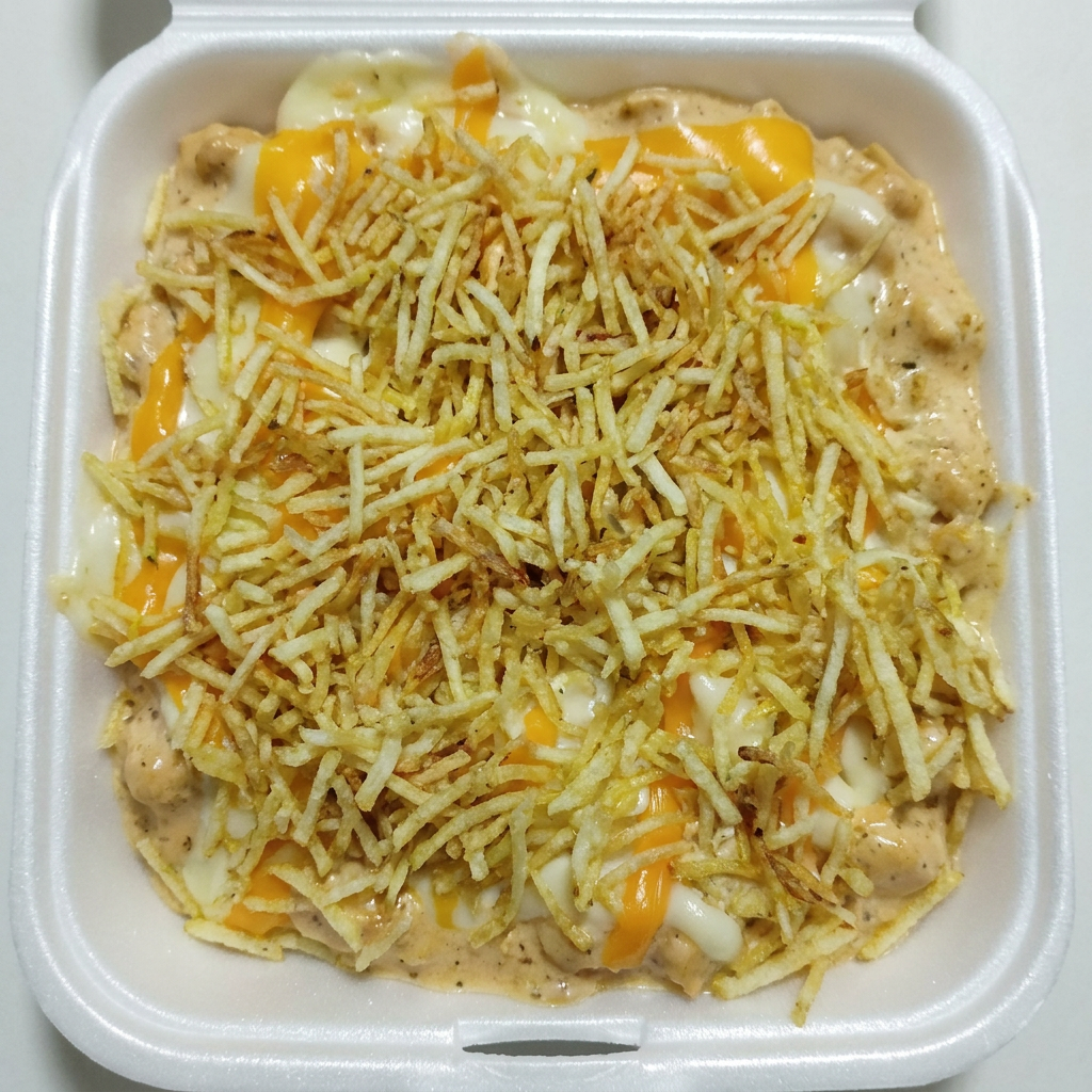 Batata, strogonoff de frango, requeijão, cheddar, batata palha, 500G