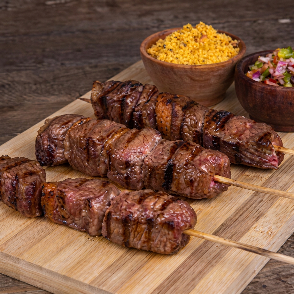 Espetinho de carne angus preparado na brasa .