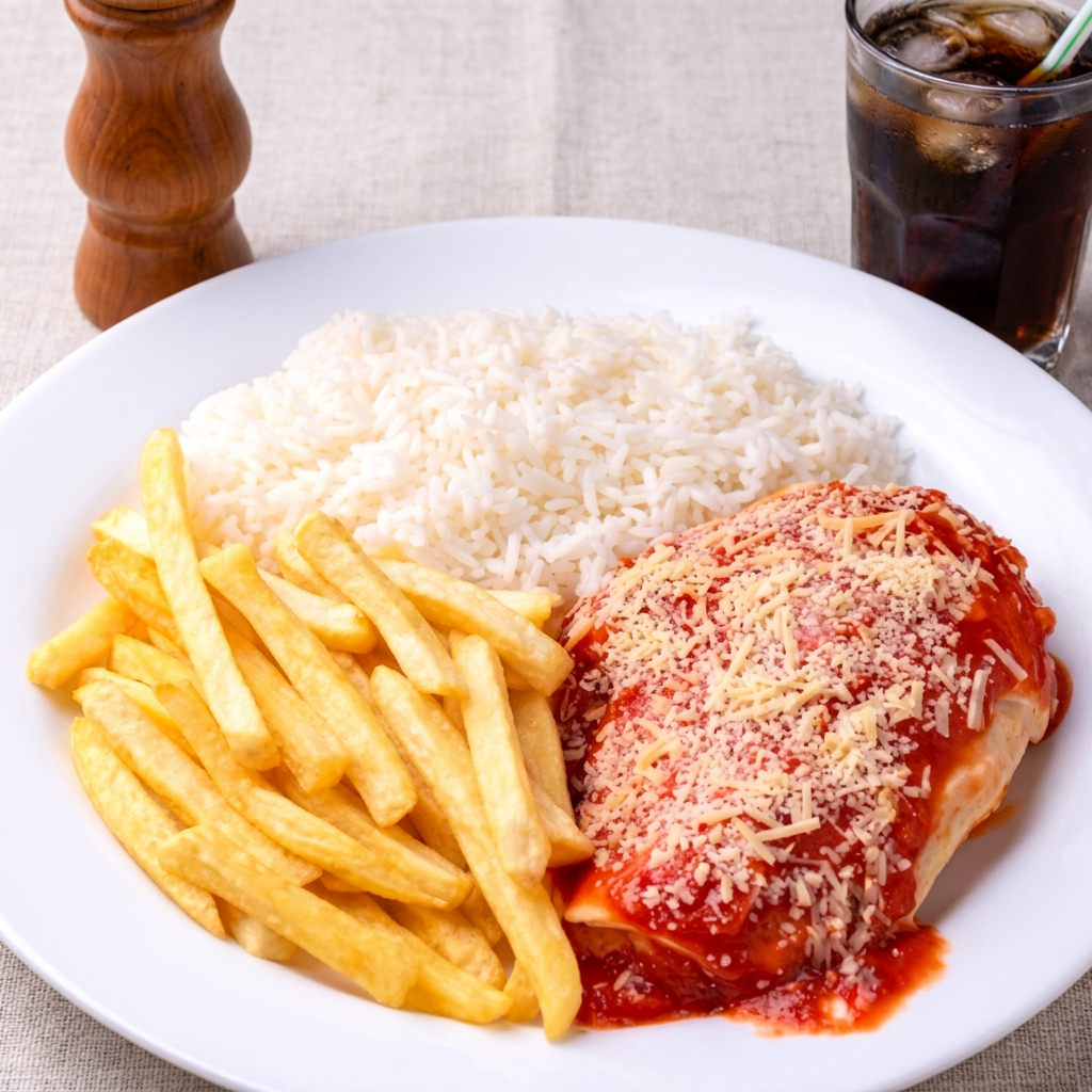 2 parmegianas P completas 🍗 com arroz, feijão e fritas. Ideal para 2 pessoas!