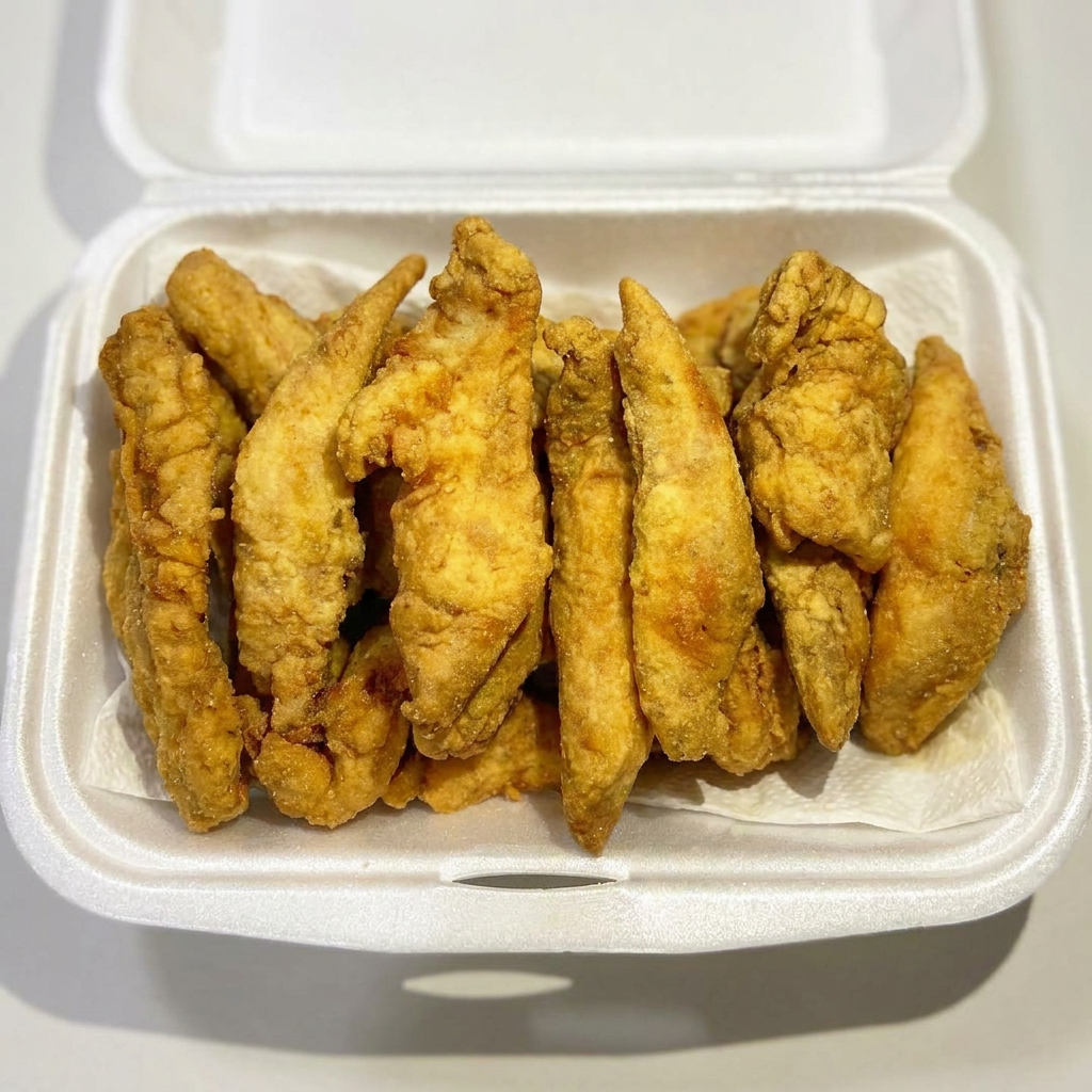 Filé de tilápia em iscas empanada, acompanhada de um delicioso arroz branco soltinho e nosso delicioso molho de alho caseiro.