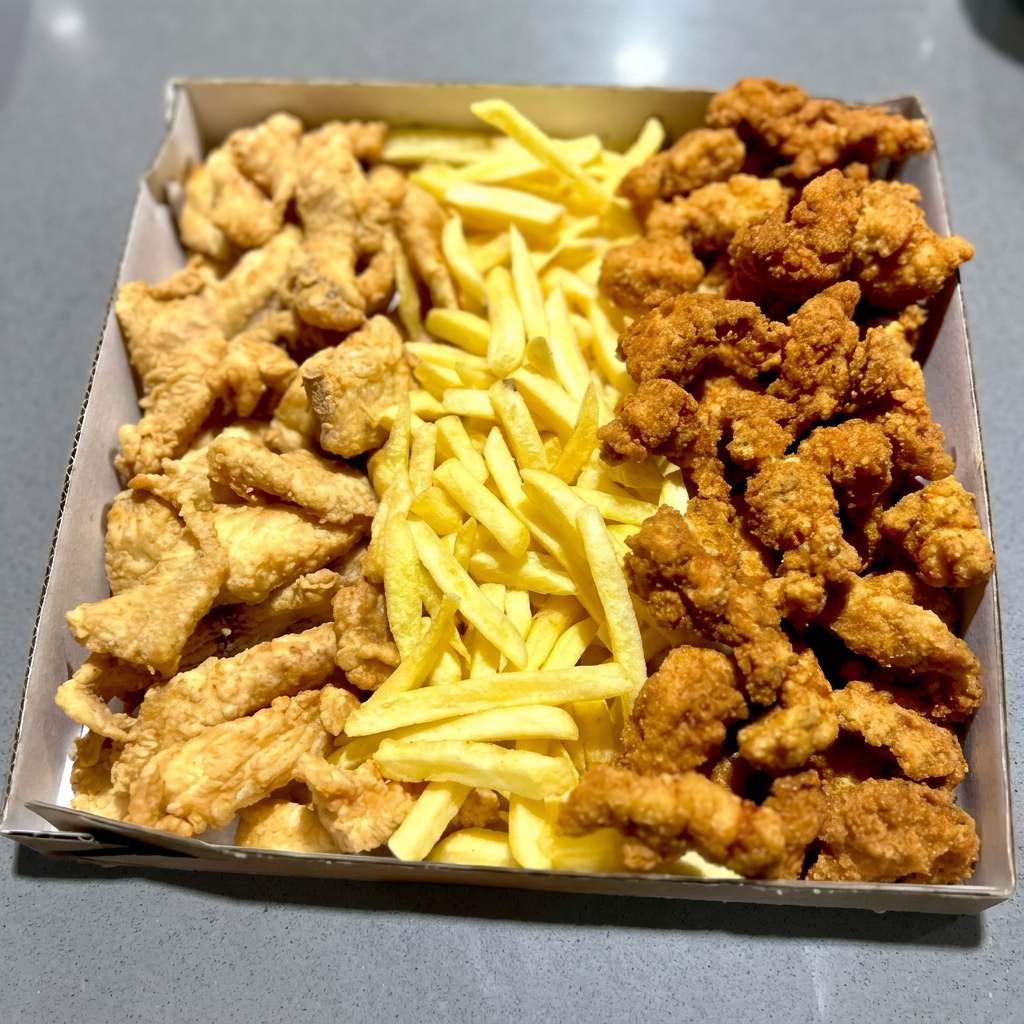 Composto por: Porção inteira de iscas de filé de tilápia, porção inteira de iscas de frango empanado, porção inteira de fritas. Acompanha arroz branco e molho de alho caseiro. Serve de 4 a 5 pessoas ( dependendo da fome de cada um rs.)
