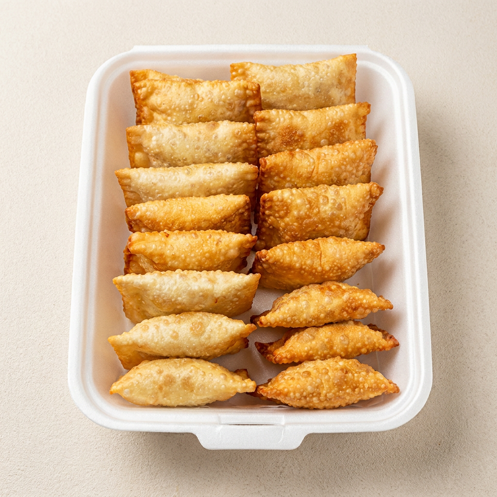 20 unidades de mini pastéis nos sabores: carne, frango, pizza e queijo.