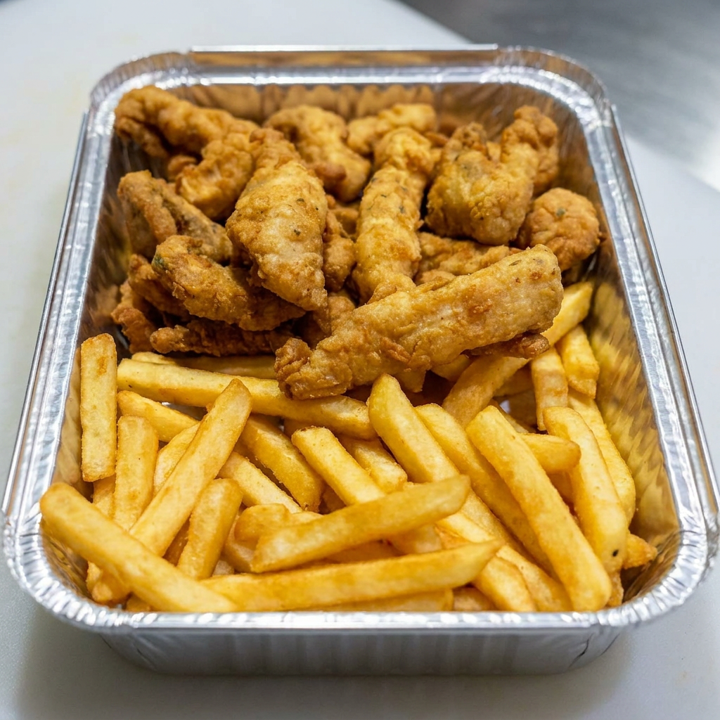 Iscas de filé de tilápia c/fritas acompanhada de nosso delicioso arroz branco e molho de alho.