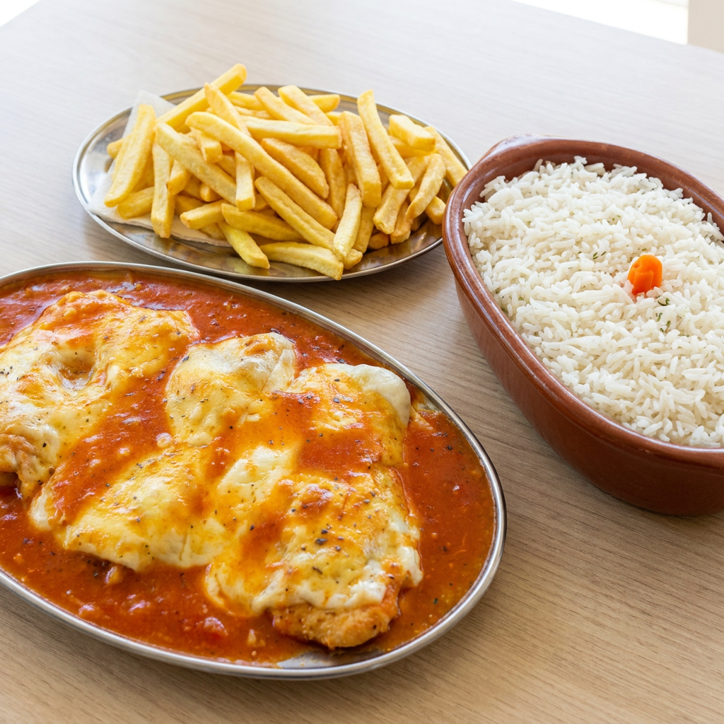 Delicioso filé de frango empanado, com nosso molho de tomate caseiro finalizado com muito queijo mussarela e requeijão Catupiry. Acompanha arroz branco, fritas e molho de alho caseiro.