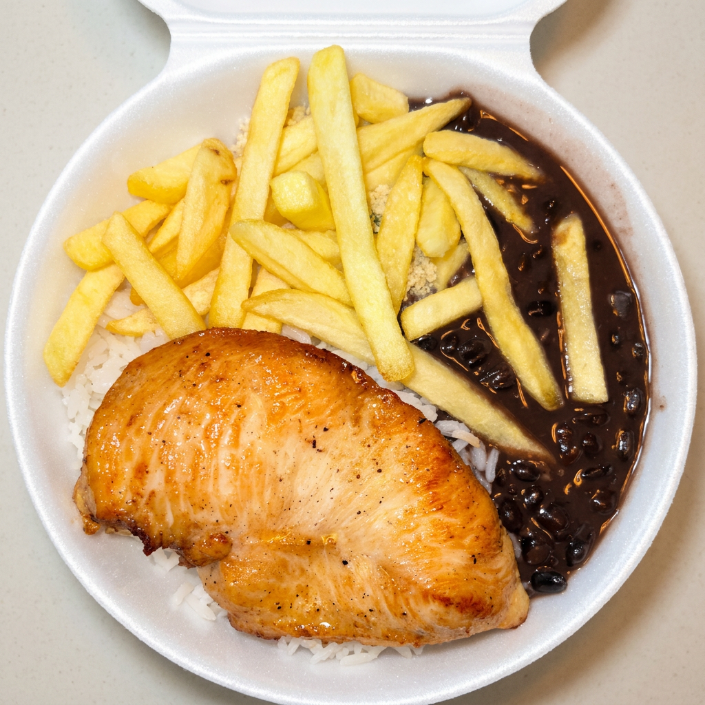Arroz, feijão, batata frita, farofa e o bife de frango. (prato individual)