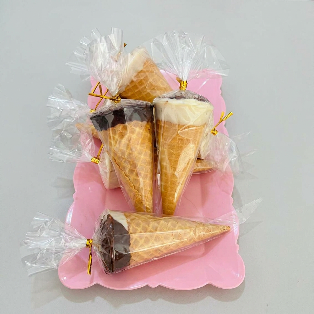 Casquinha de sorvete, cobertura de chocolate e creme de chocolate.