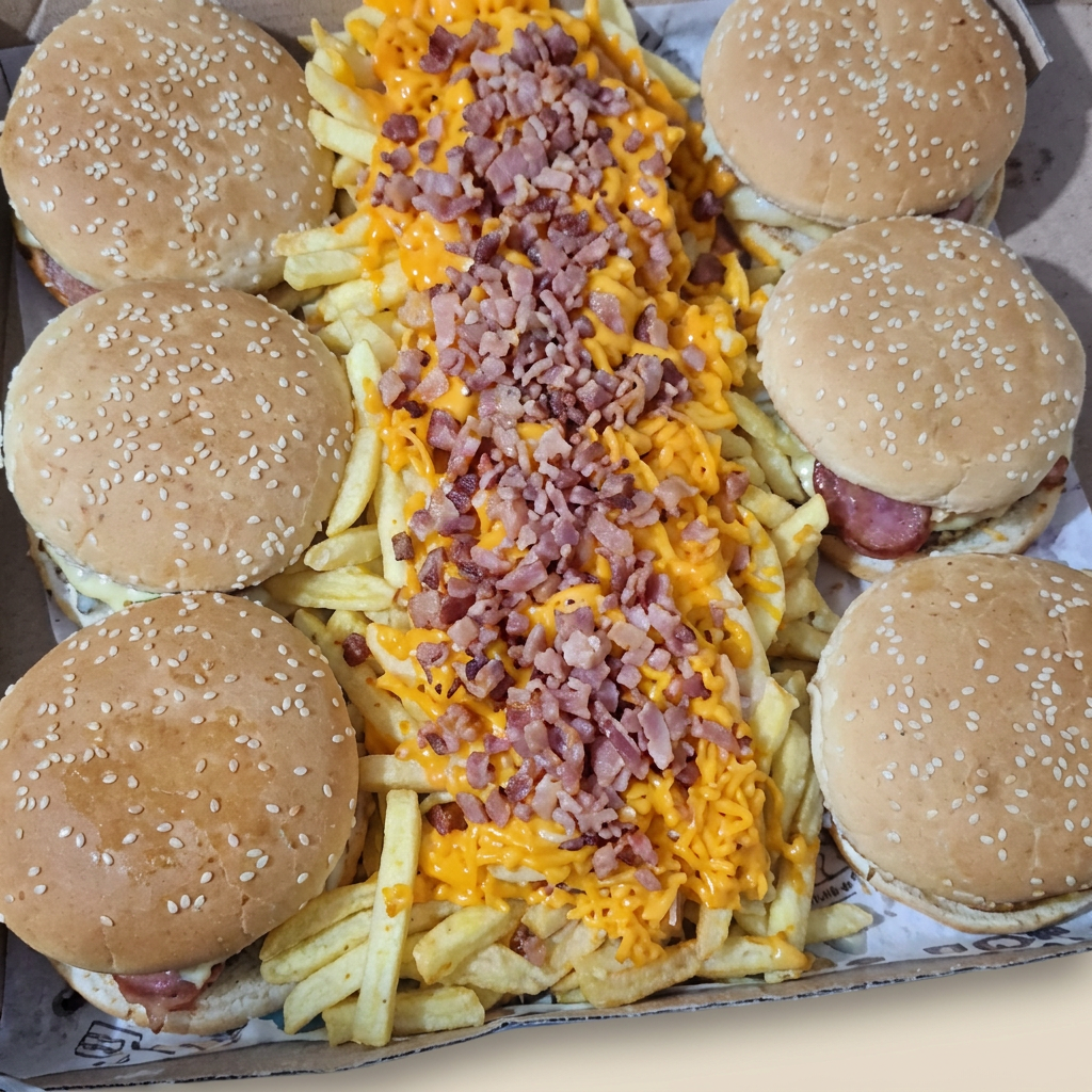 6 x tudo
Porção de batata com aproximadamente 1kg, com cheddar e bacon