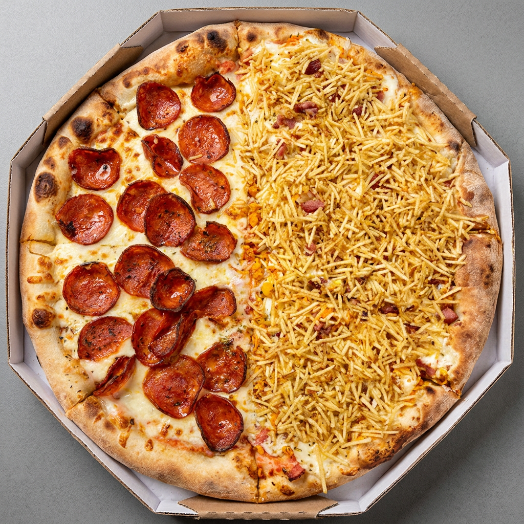 Pizza 1/2 frango 2 ; frango com catupiry Pizza 1/2 Bauru: Mussarela, Presunto E Rodelas De Tomate.