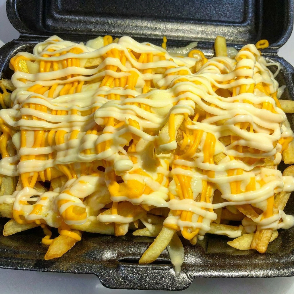Batata palito frita c/cheddar cremoso acompanhada de nosso suculento molho de alho
