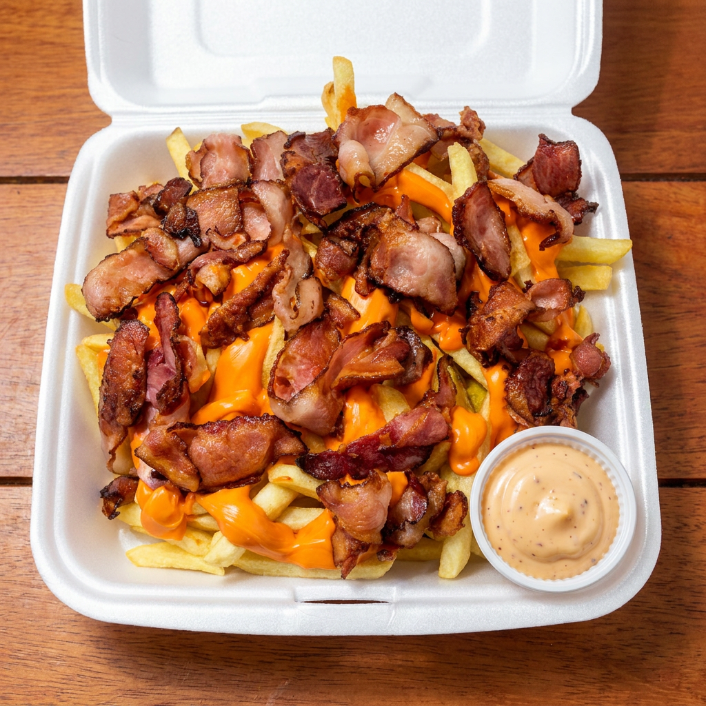 Batata palito frita c/bacon e delicioso cheddar cremoso acompanhada de nosso suculento molho de alho.