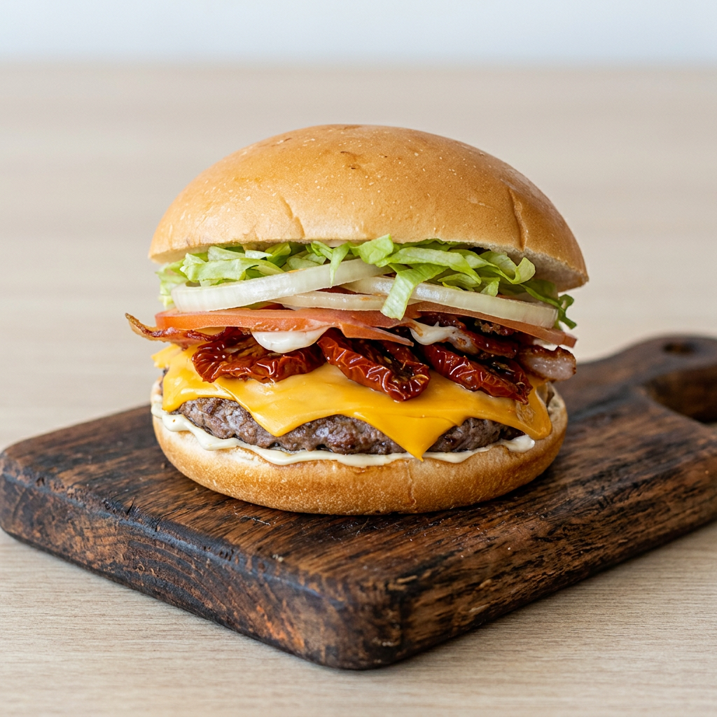 Hambúrguer Angus (Smash 100g - Esmagado na Chapa), coberto por queijo cheddar americano derretido. Acompanha alface americana fresca, cebola de respeito e tomate seco que traz um sabor único. Finalizado com maionese e ketchup de verdade, servido no pão levemente selado na chapa.