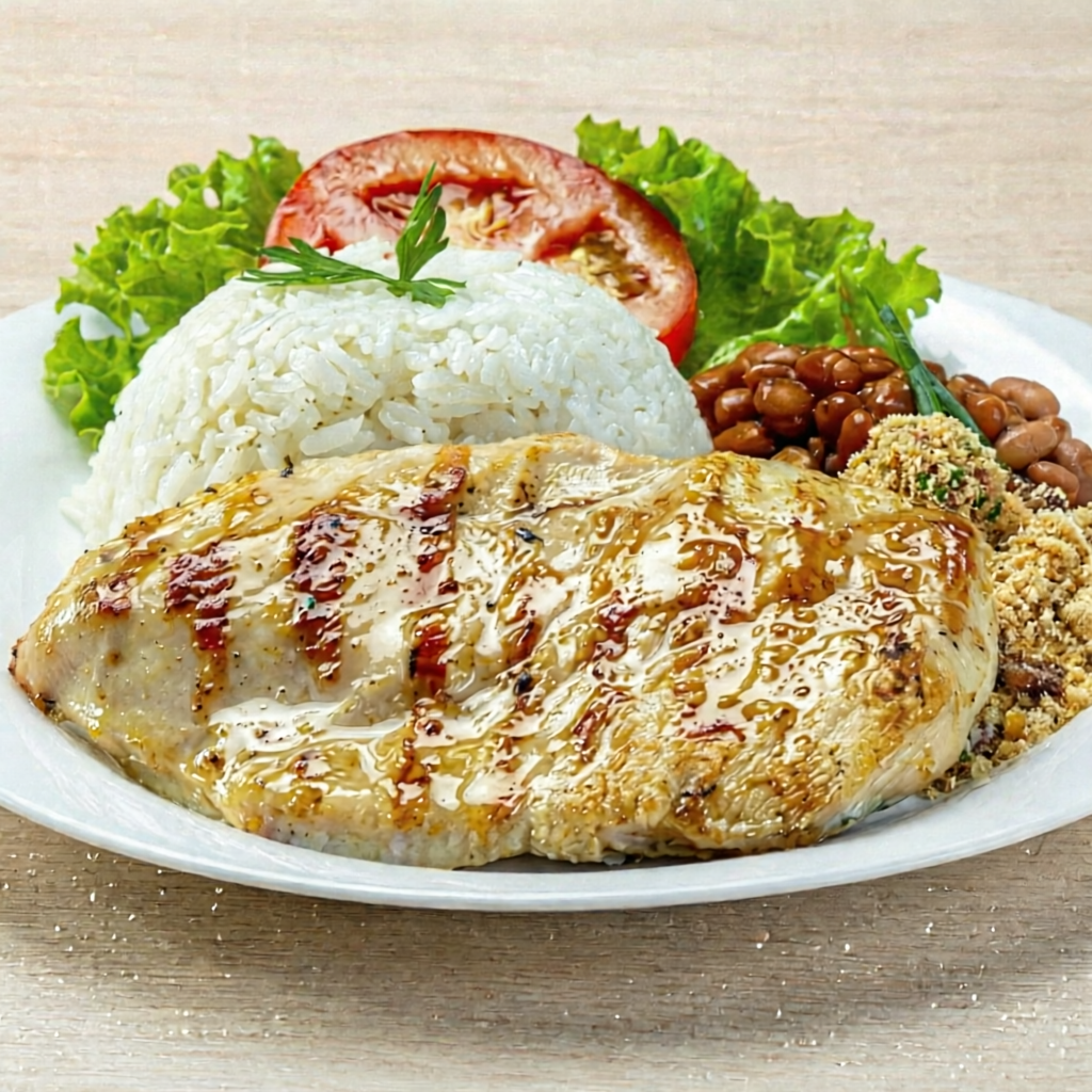 O filé de frango grelhado é servido suculento e levemente dourado. Acompanhado de arroz caseiro soltinho e feijão carioca bem temperado, oferecem uma deliciosa textura, a farofa caseira, acrescenta crocância e sabor.