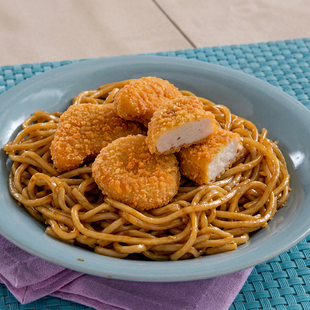 Nosso tradicional macarrão temperado com delicioso molho shoyu e nugget´s sem legumes.