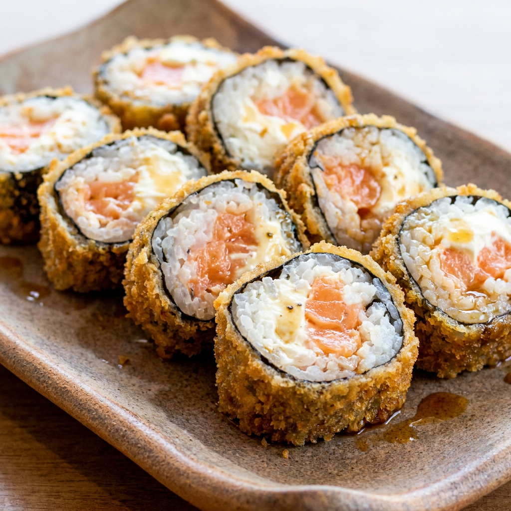 O clássico reinventado! Roll empanado na farinha panko e frito, recheado com salmão fresco e cream cheese cremoso. Crocante por fora e derretendo por dentro. 10 peças quentinhas pra você se apaixonar. Acompanha molho tarê.