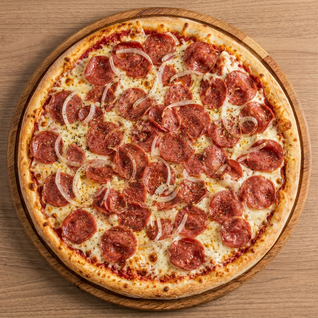 Pizza inteira tradicional estilo brasileira, apresenta massa fina com bordas levemente assadas, cobertura de fatias de linguiça calabresa, rodelas finas de cebola-branca