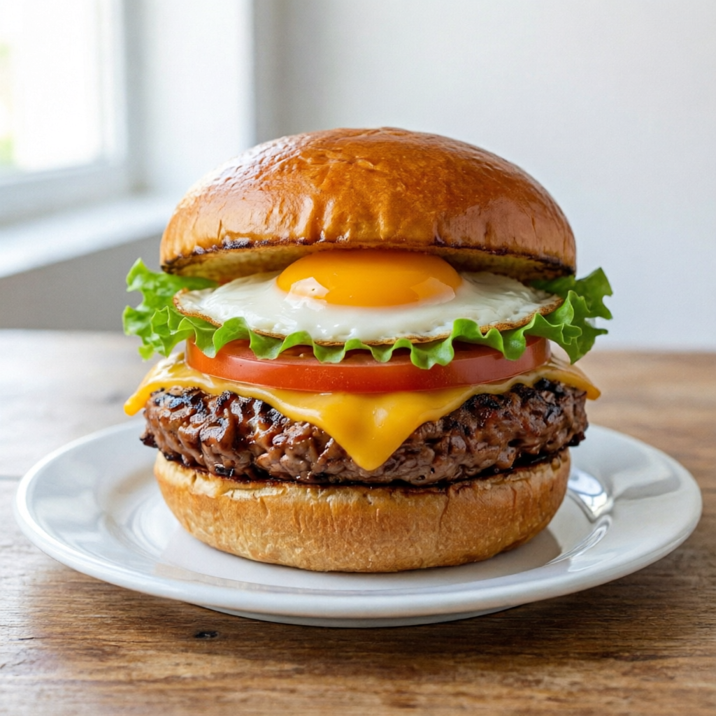 Pão, Hamburguer, queijo, ovo, alface e tomate