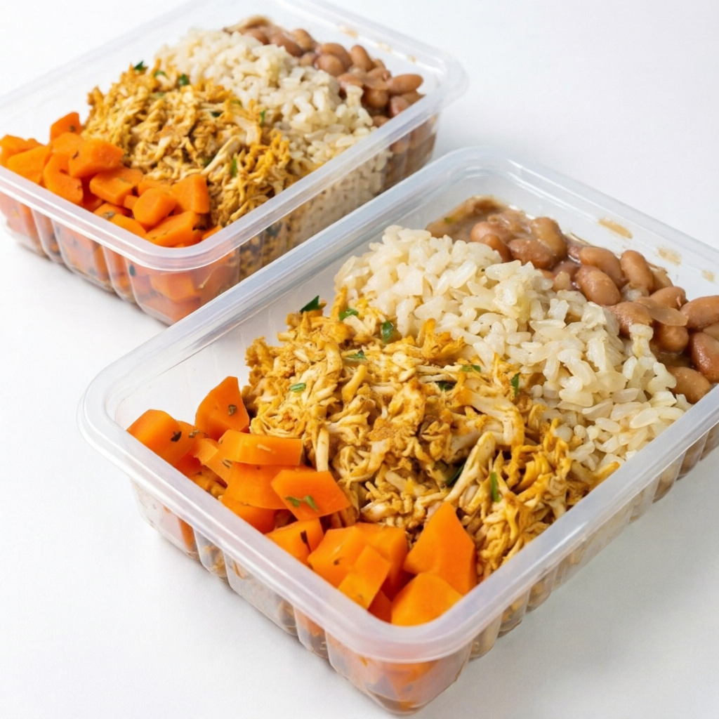 Frango desfiado, cenoura cozida, arroz integral e feijão carioca