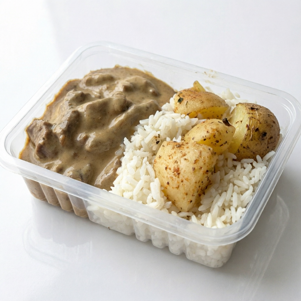 Strogonoff de carne com batata – marmita congelada de 350g. Sabor caseiro e textura cremosa, acompanha arroz branco e batata com casca para uma refeição ainda mais deliciosa!
