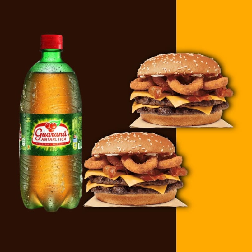 Pão, 2 Carnes, Cheddar, Cabola Caramelizada, Anéis de Cebola, requeijão, maionese de alho e batata palha