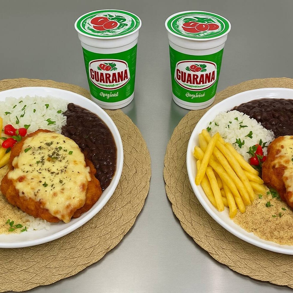 Delicioso combo com 2 filés de frango crocante ao molho ao sugo e queijo derretido, servidos com arroz soltinho, feijão caseiro, farofa crocante, batatas fritas douradas e 2 Guaracamps geladinhos. Uma refeição completa para compartilhar!