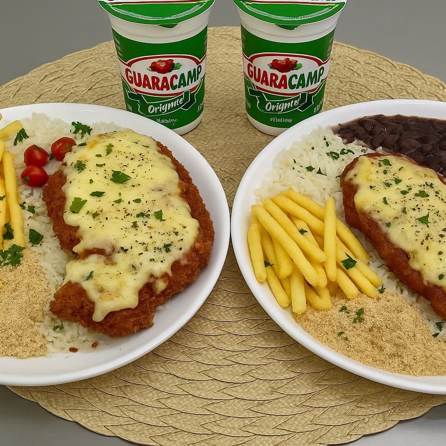Saboreie nosso combo com 1 Frango à Parmegiana crocante e suculento e 1 Bife à Parmegiana macio, ambos cobertos com molho ao sugo e queijo derretido. Servidos com arroz soltinho, feijão caseiro, farofa crocante, batatas fritas douradas ou ovos fritos e 2 Guaracamps geladinhos.