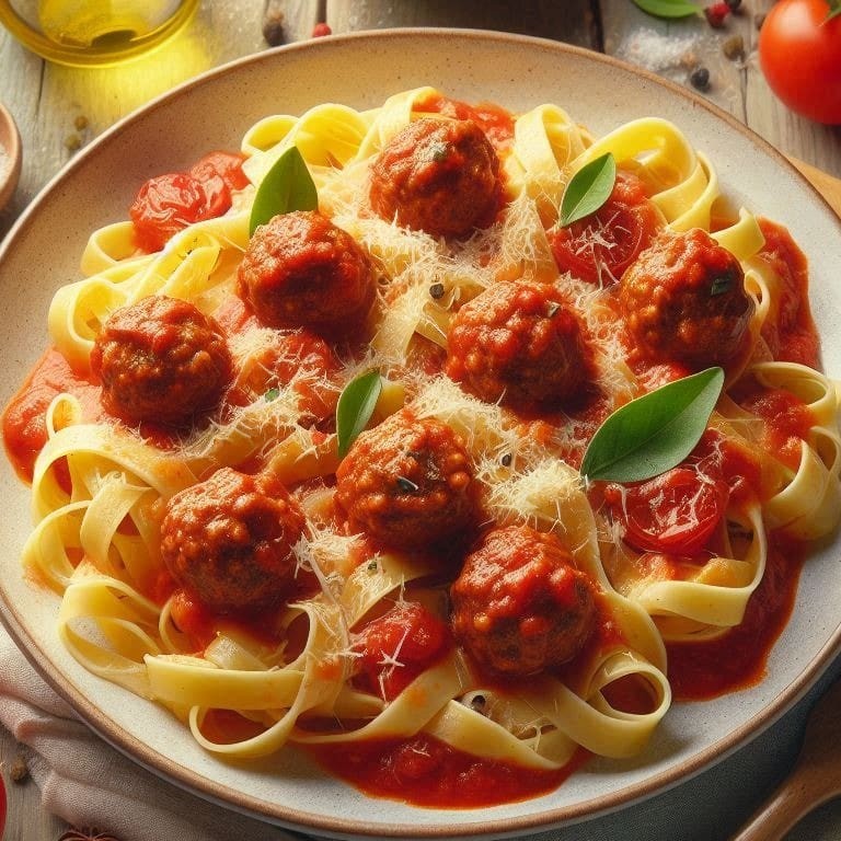 Fettuccine com pequenas almôndegas de carne ao molho pomodoro. Perfeito para quem ama sabores caseiros.   Comida Italiana, Restaurante Italiano, Massas Artesanais, Culinária Italiana, Massas Frescas, Penne, Espaguete, Gnocchi, Risoto De Salmão, Polenta Italiana, Frango Parmegiana, Salmão Grelhado, Bruschetta Italiana, Batata Frita Crocante, Coca Cola, Guaraná Antártica, Entrega Gratis, Delivery De Massas.