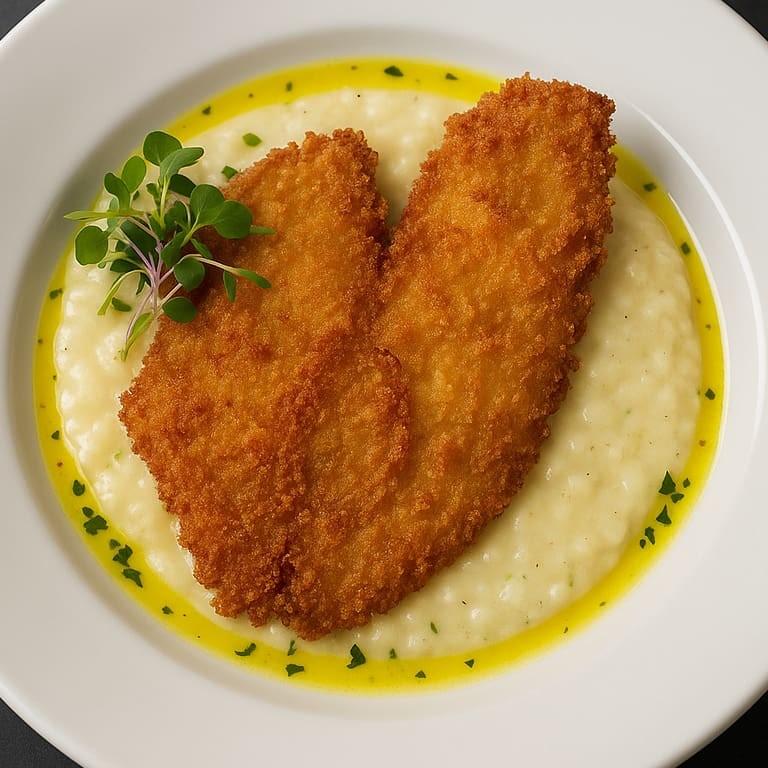 Tilápia crocante empanada na farinha panko com risoto de limão siciliano e azeite de coentro