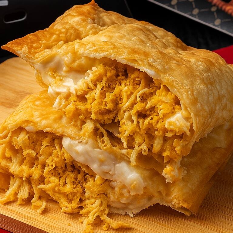 Delicioso pastel de frango desfiado recheado com Catupiry  Pastel com aproximadamente 19cm.