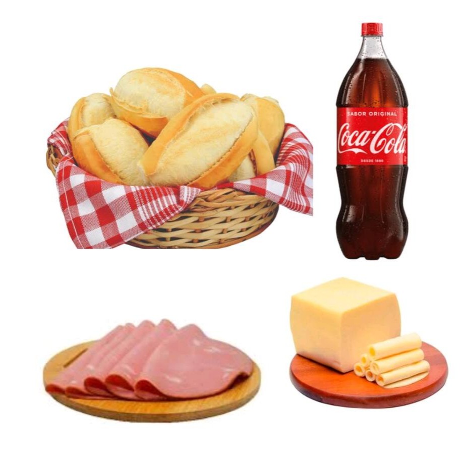 Combo: 5 pães francês, 100g mussarela, 100g mortadela, Coca-Cola 1,5litros