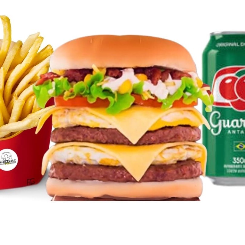 2 carnes, 2 queijos cheddar, 2 ovos, bacon, molho e alface