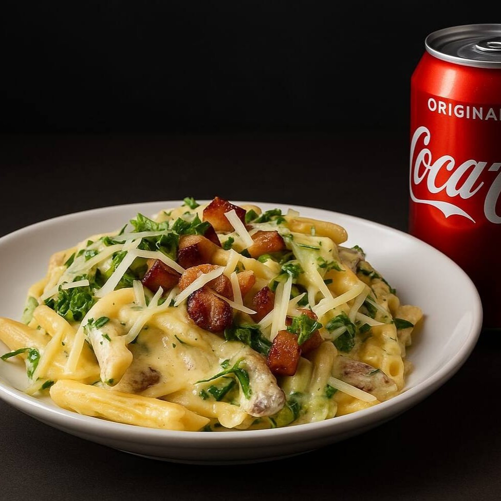 Pene ao dente mergulhado no nosso molho branco cremoso com cubinhos de bacon e brócolis americano, finalizado com uma camada de mussarela e alho frito dourado + 1 Coca Cola lata 350ml.