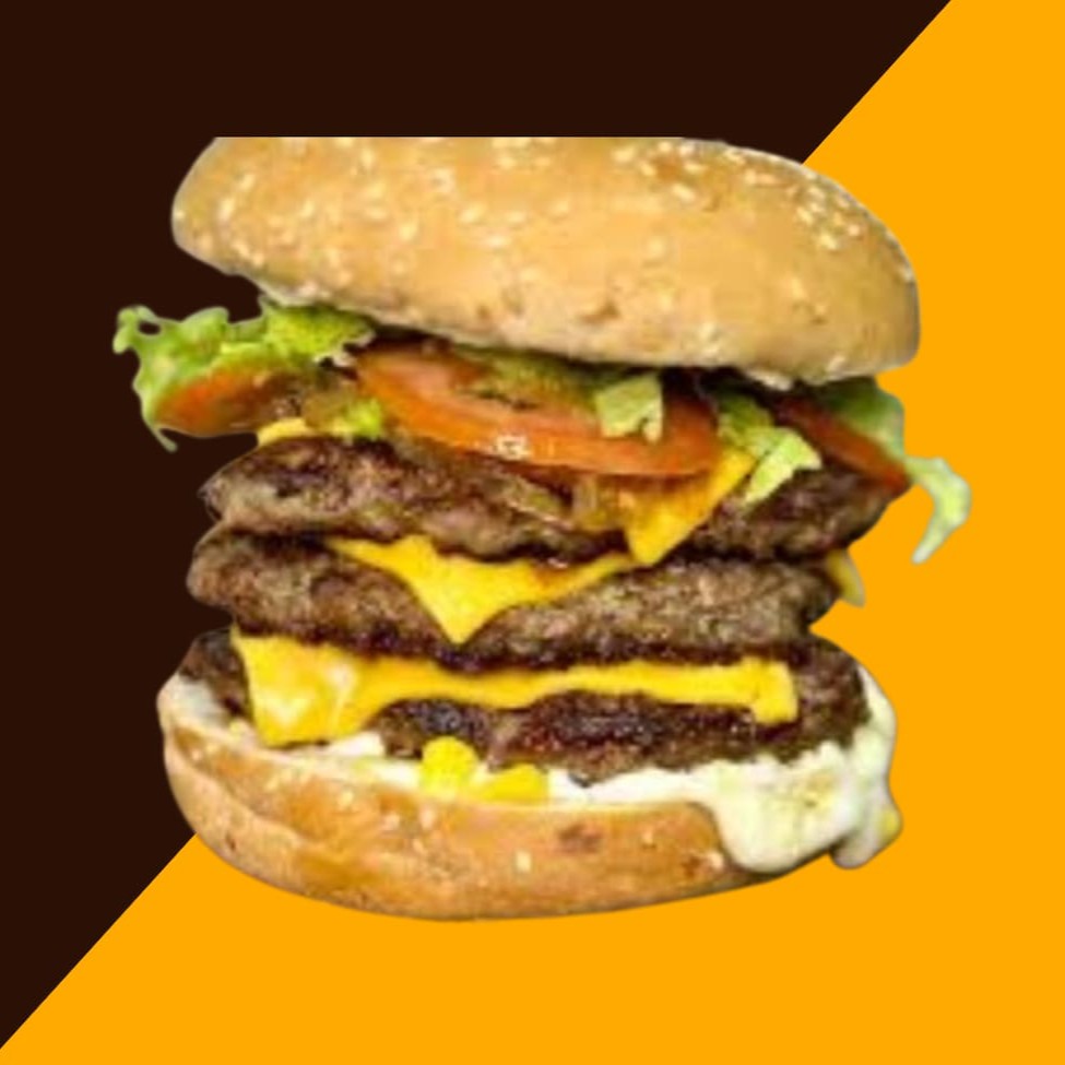 Pão, 3 carnes, presunto, queijo, ovo, maionese alho, billy jack, cebola crispy, batata palha, salada e requeijão