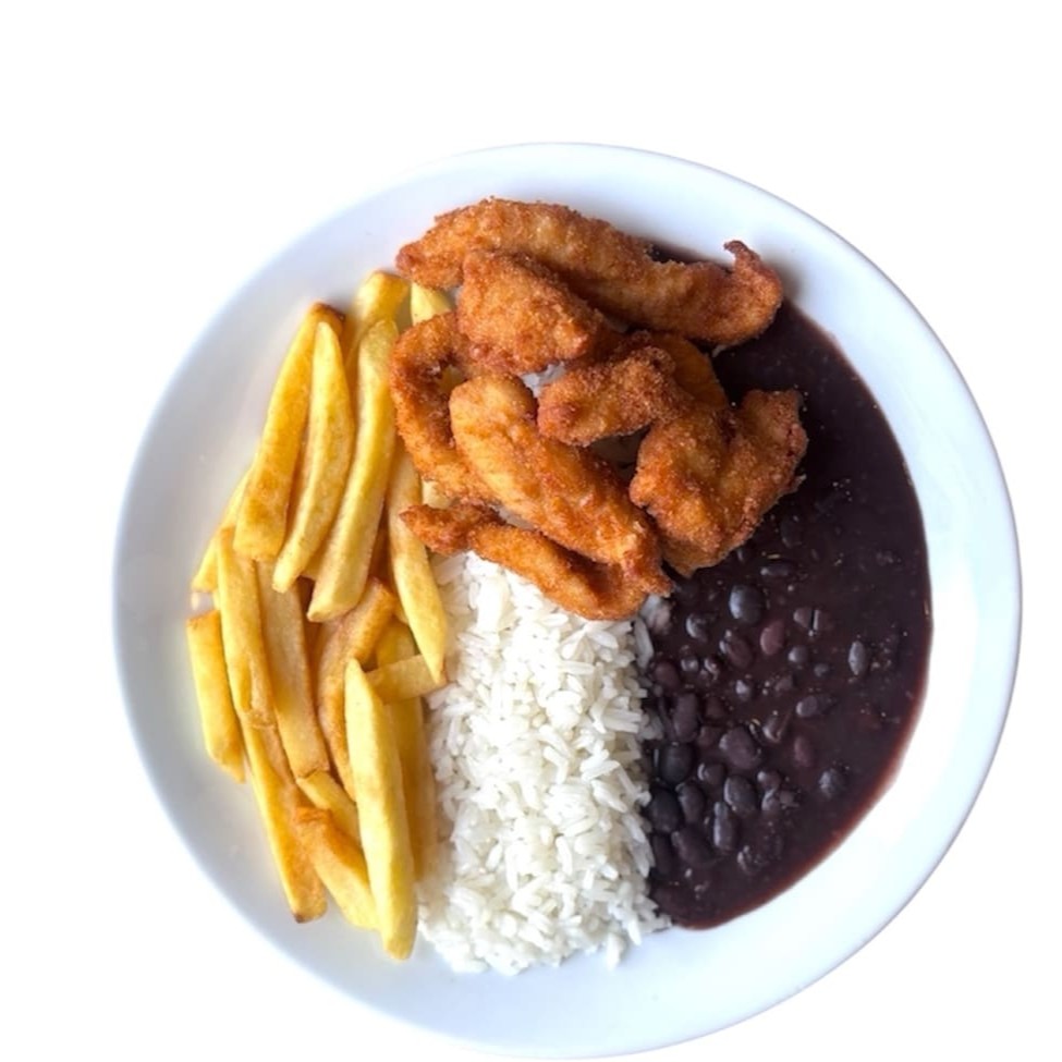 Acompanha arroz, feijão (embalagem separada) e batata frita