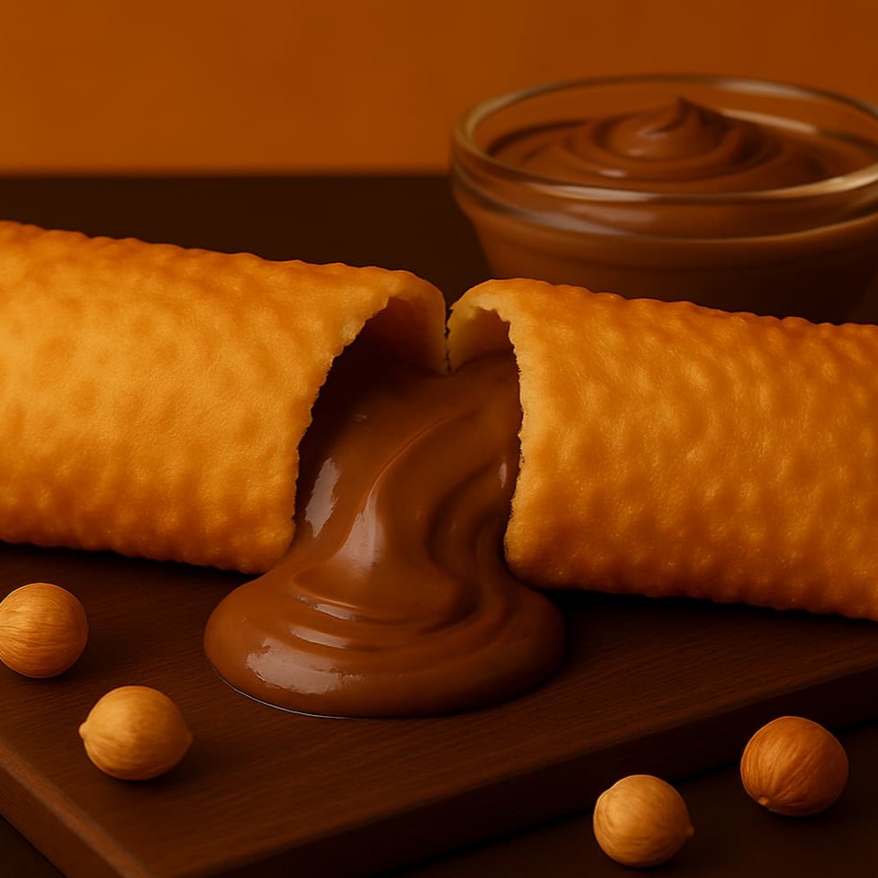 Uma casquinha dourada e crocante, que envolve um recheio cremoso e aveludado de creme de avelã, combinando sabor e textura de forma única. Um pastel que encanta tanto pelo sabor suave e marcante, quanto pela textura irresistivelmente aveludada.