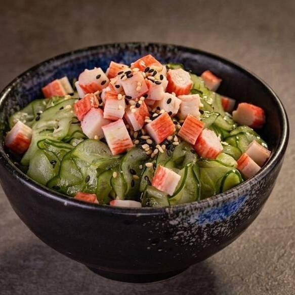 Saladinha refrescante de pepino, japonês,fatias de kani fresquinha,molho especial e gergelim. ** aproximadamente 180g **