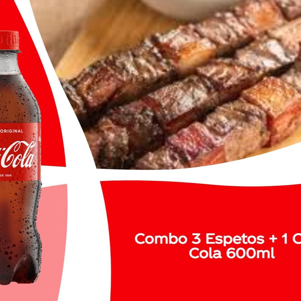 Sabor em Dobro! Leve 3 Espetos  de Carne e Sua Coca-Cola 600ml