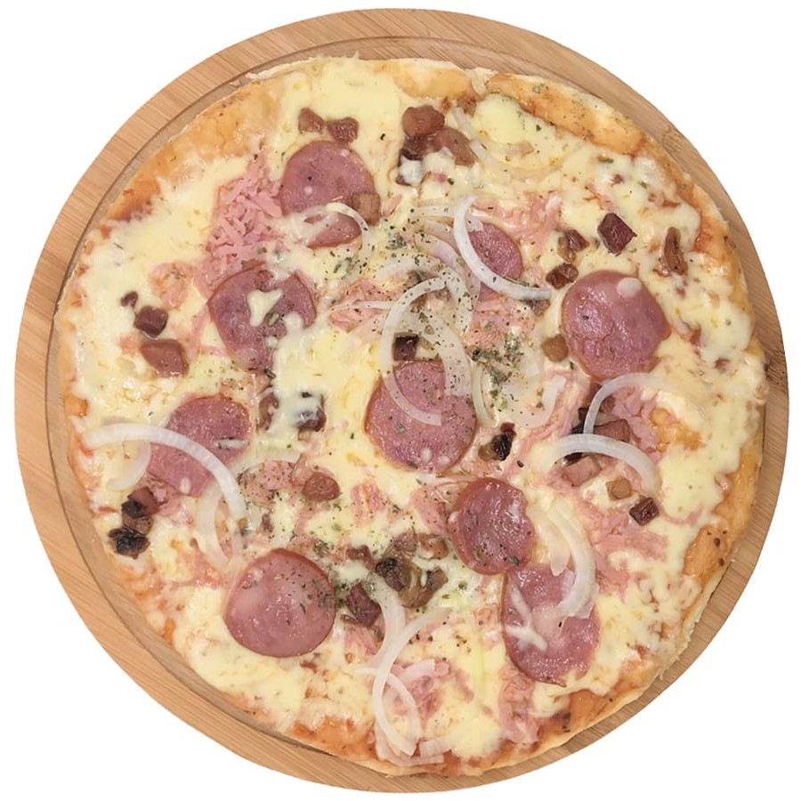 Mussarela, molho de tomate, calabresa, presunto, bacon, cebola e orégano.