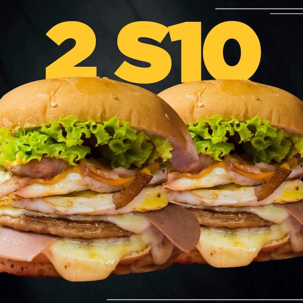 2 S10,  Descrição: Pão, 2 Carnes 2 Ovos, Salada, Queijo E Presunto, Bacon Picado, Billyjack E Katchup
