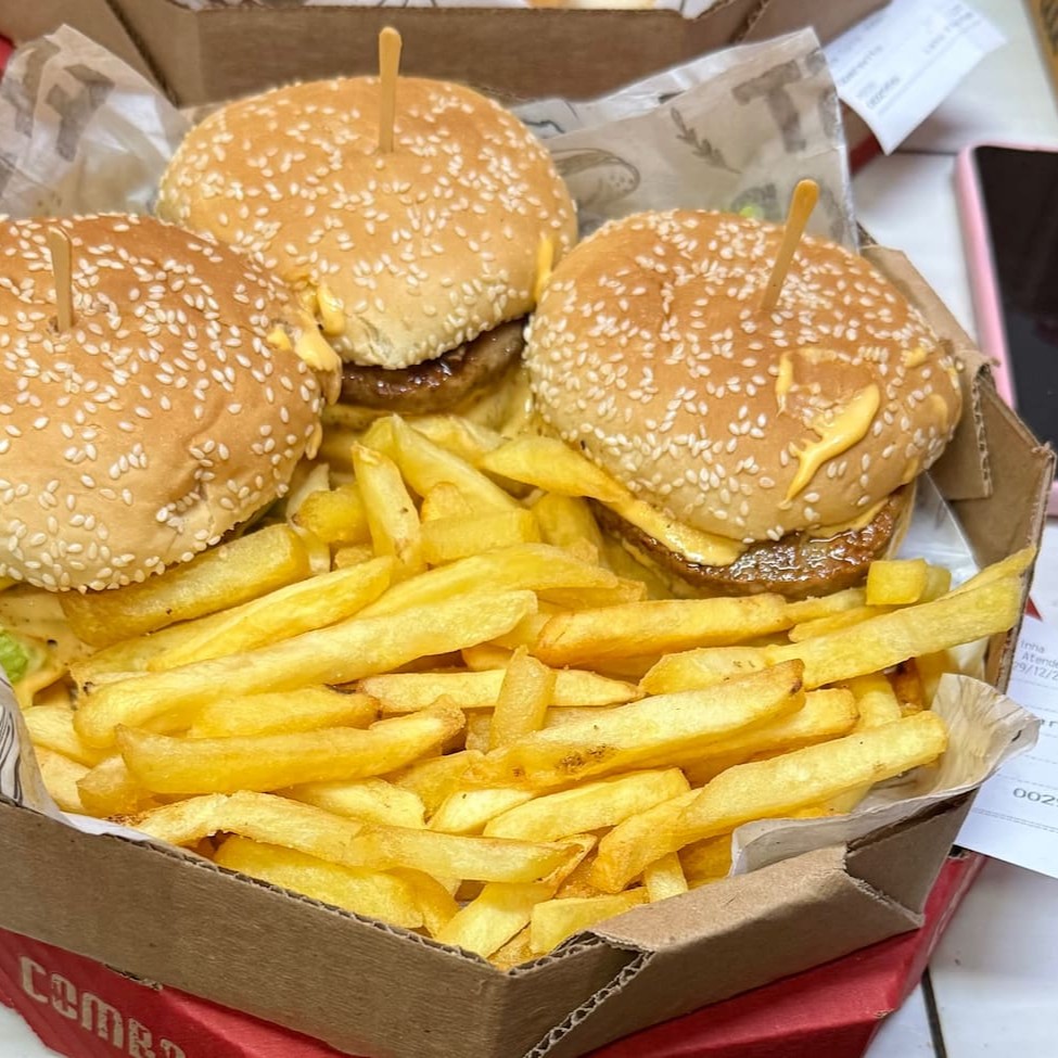 3 lanches triplo cheddar + batata na caixa de 25 cm