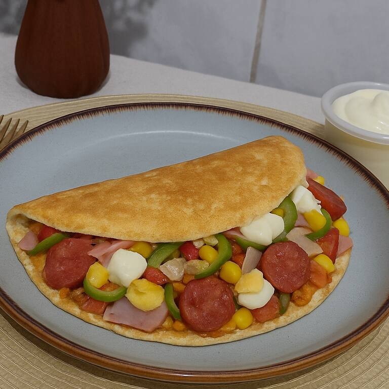 Crepioca de Muçarela, Presunto, Calabresa, Milho, Ovo Cozido, Pimentão, Cebola, Catupiry e Orégano