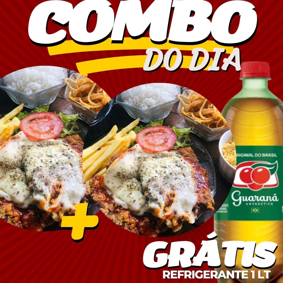 Delicioso  combo especial da casa com Bife bovino empanado com um.molho maravilhoso  , queijo e presunto Acompanhamento  Feijão  , Arroz  , Macarrão  e batata frita