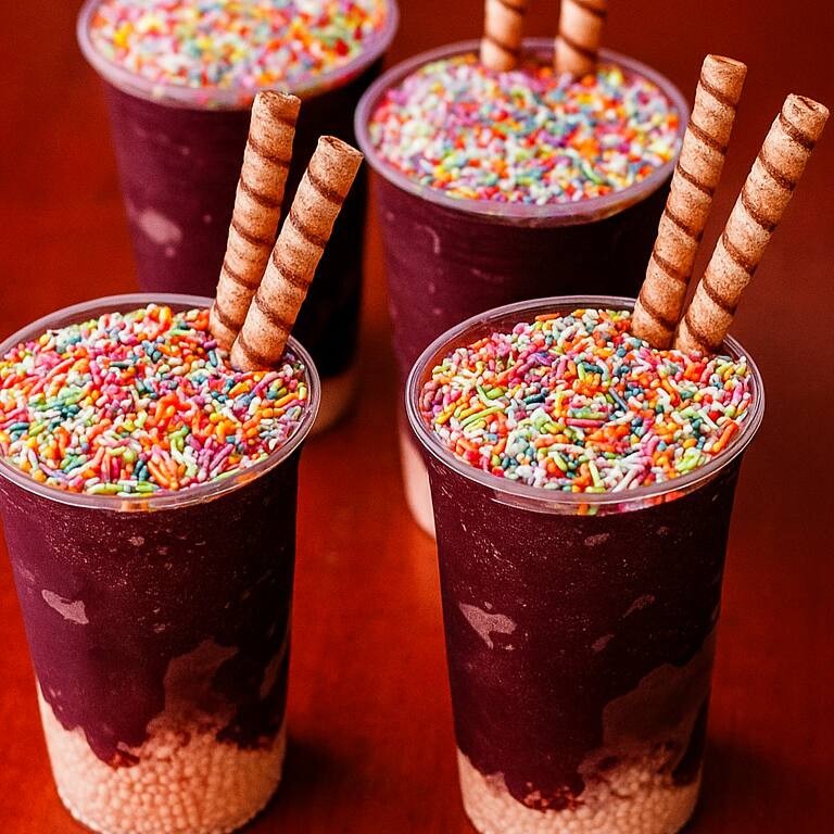 4 copos de 500ml, com complementos e coberturas, que irão serão iguais em todos os copos.